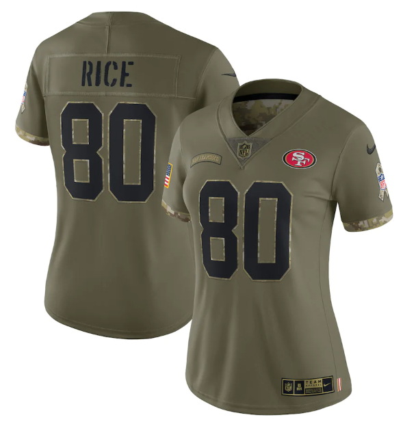 Women's San Francisco 49ers #80 Jerry Rice Olive 2022 Salute To Service Limited Stitched Jersey(Run Small) Women's San Francisco 49ers #80 Jerry Rice Olive 2022 Salute To Service Limited Stitched Jersey(Run Small)